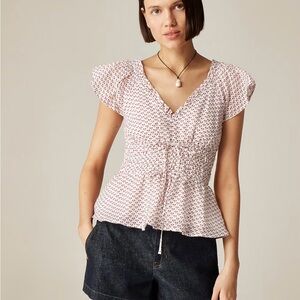 NWT J. Crew White and Pink Floral Smocked Peplum V-Neck Blouse Size Small